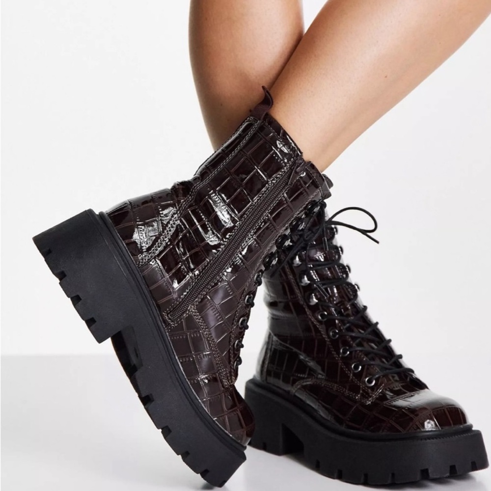 Truffle collection faux leather square toe chunky lace up boots in brown croc